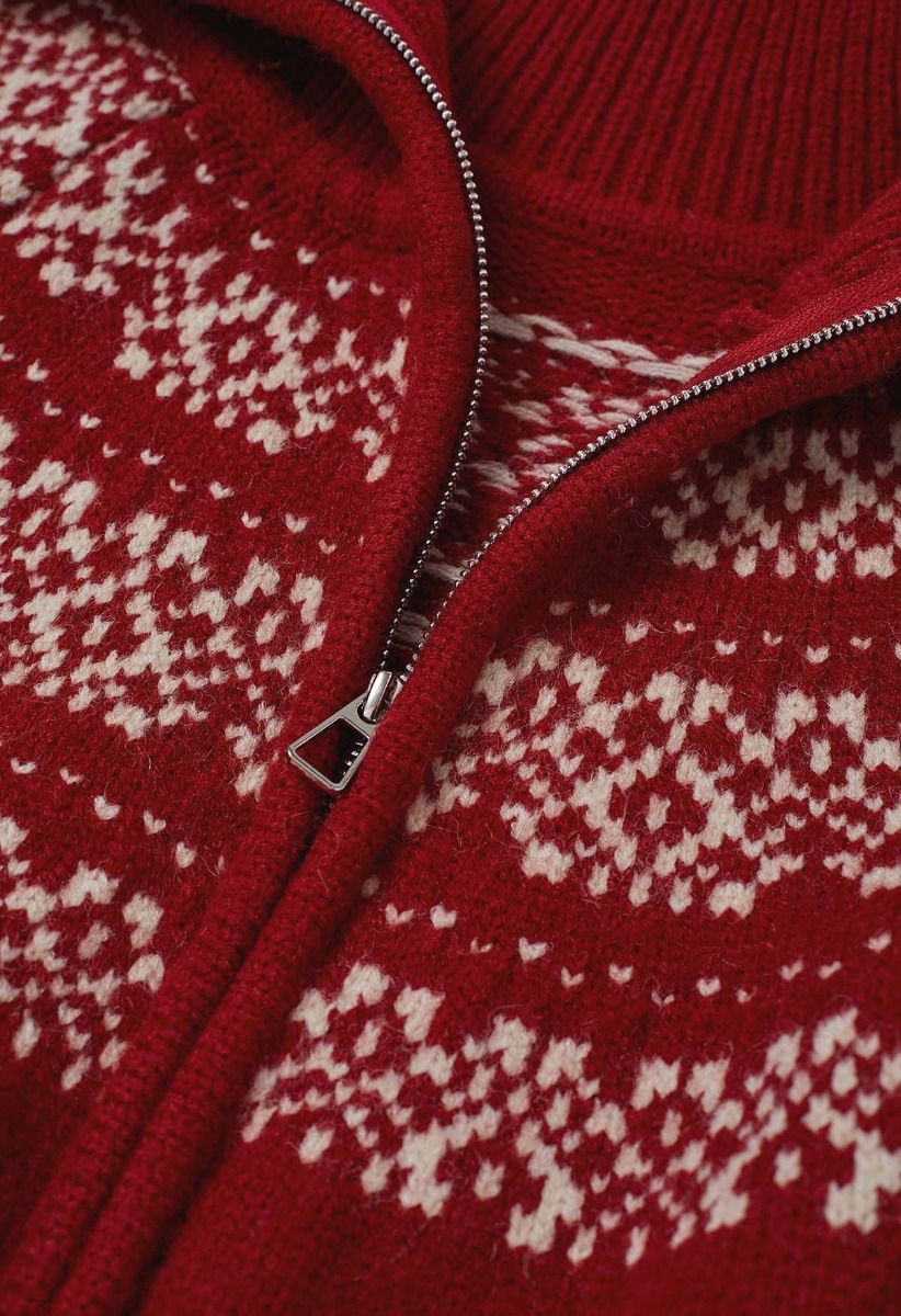 Double-Zip Fair Isle Jacquard Knit Cardigan in Red