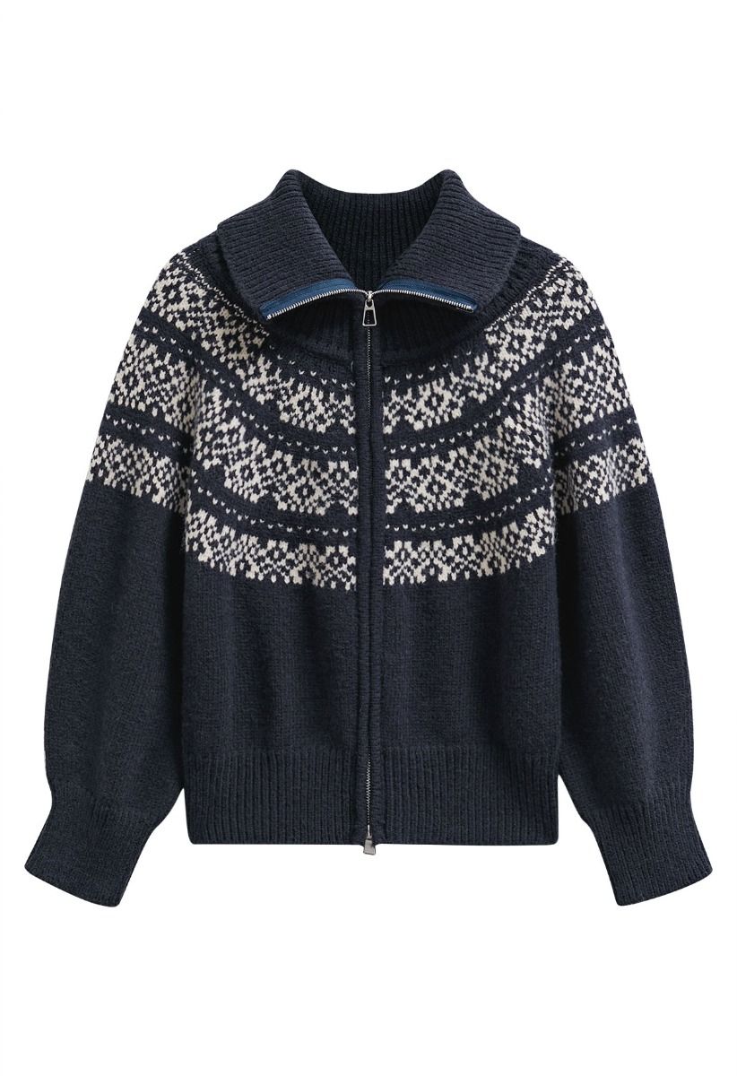 Double-Zip Fair Isle Jacquard Knit Cardigan in Navy