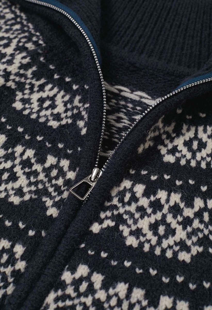 Double-Zip Fair Isle Jacquard Knit Cardigan in Navy