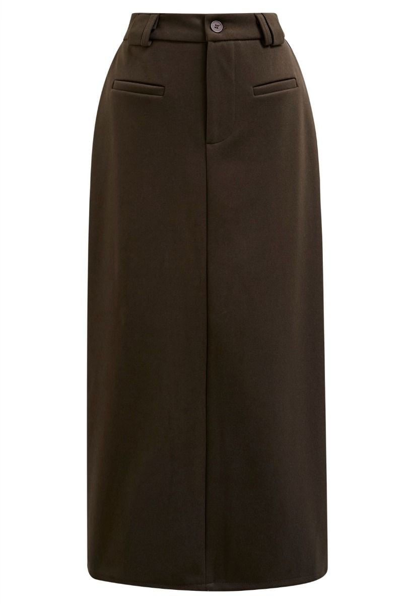 Everyday High-Waisted Back Split Midi Skirt in Brown