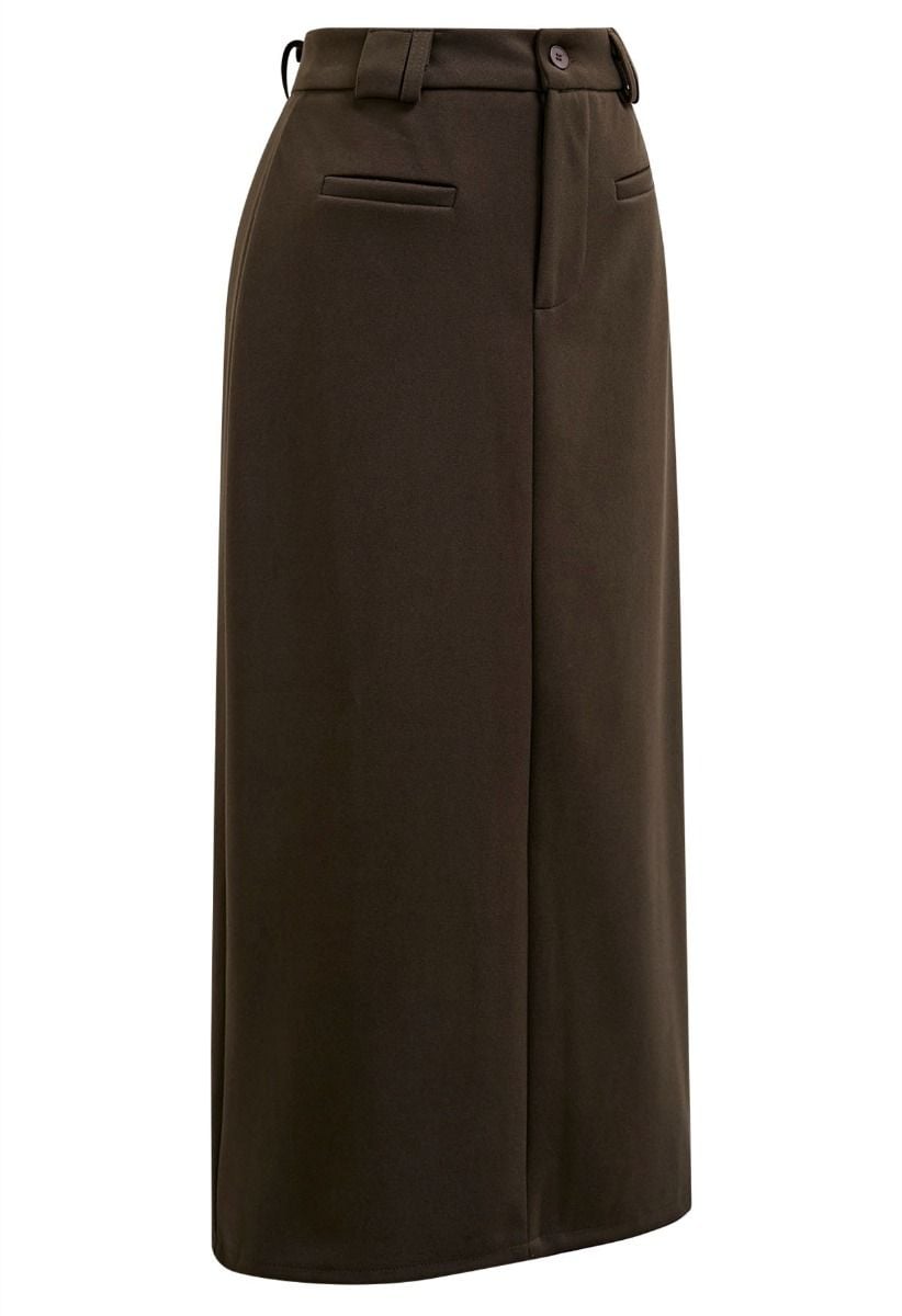 Everyday High-Waisted Back Split Midi Skirt in Brown