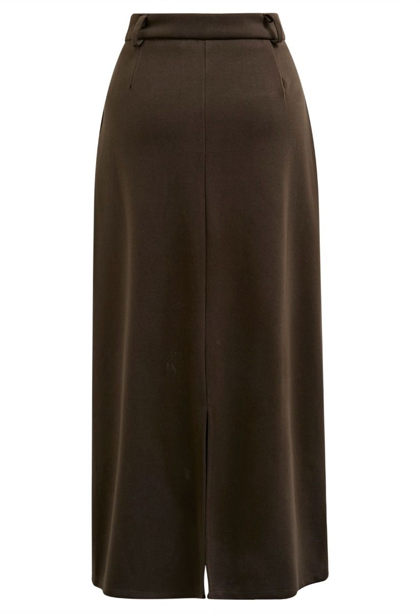 Everyday High-Waisted Back Split Midi Skirt in Brown