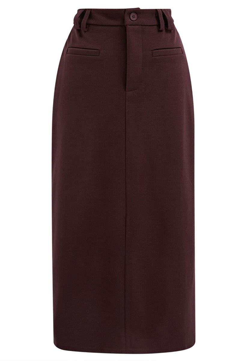 Everyday High-Waisted Back Split Midi Skirt in Burgundy