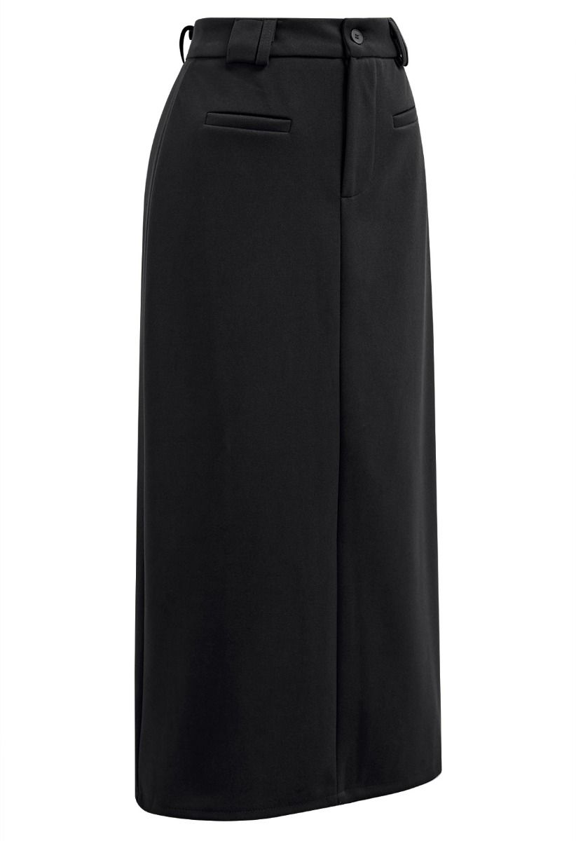 Everyday High-Waisted Back Split Midi Skirt in Black