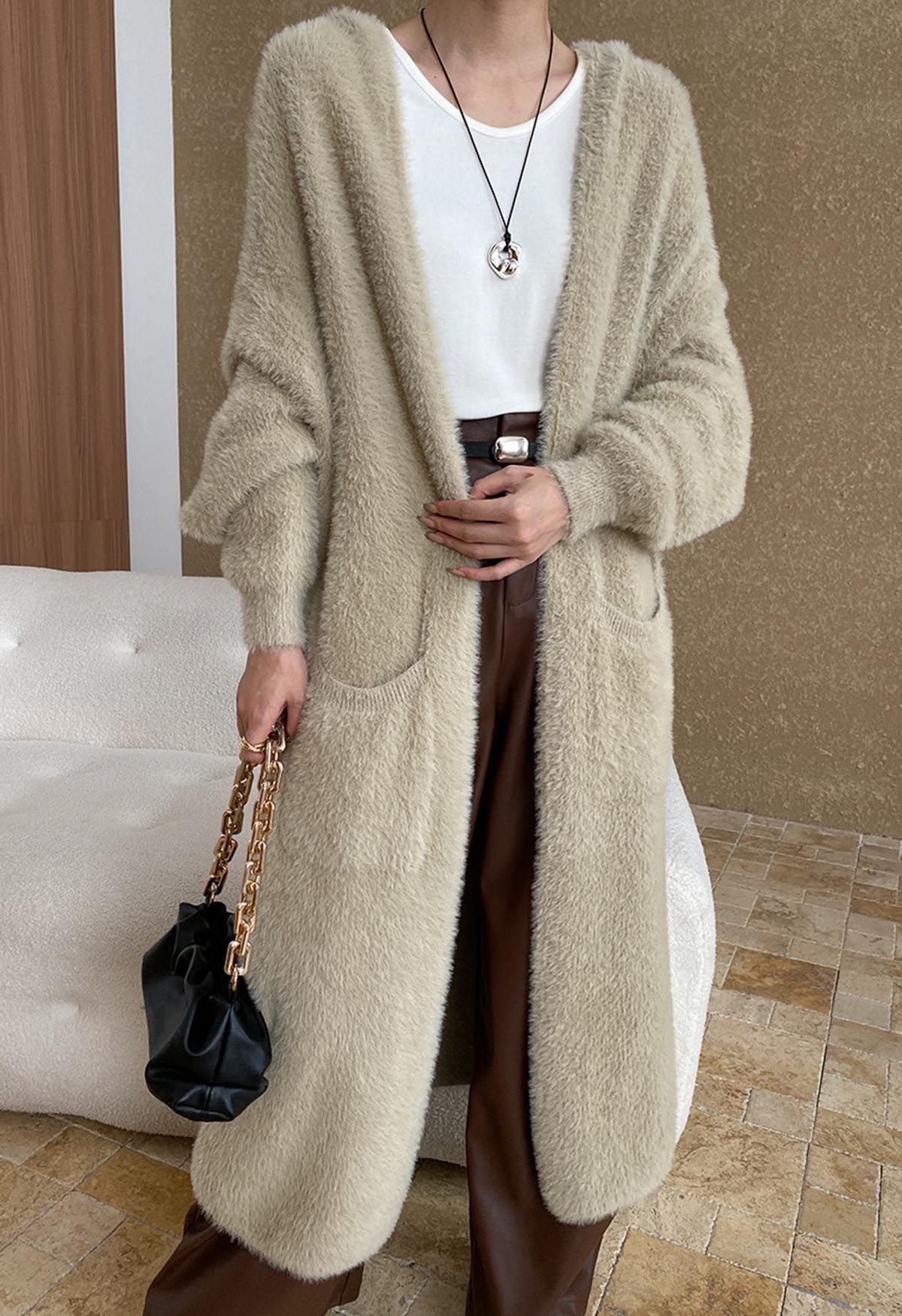 Fluffy Open Front Hooded Longline Knit Cardigan in Camel