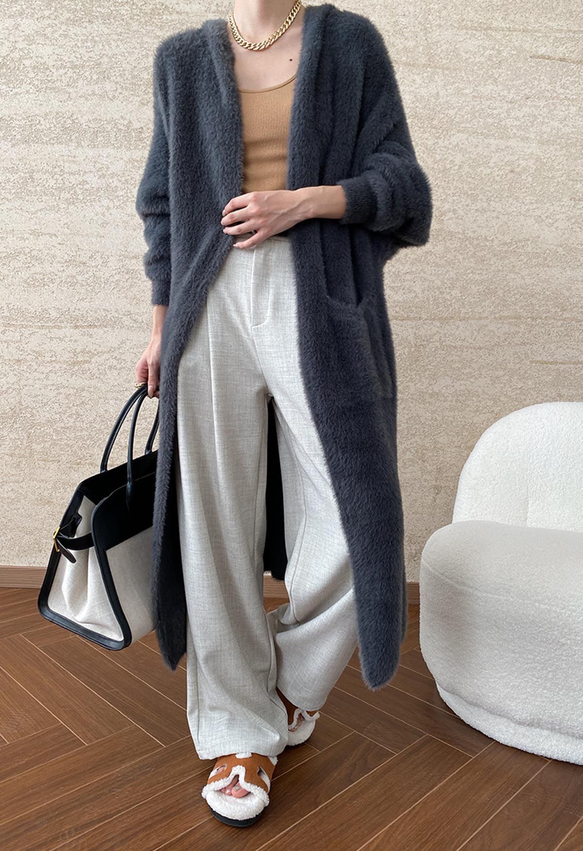 Fluffy Open Front Hooded Longline Knit Cardigan in Smoke