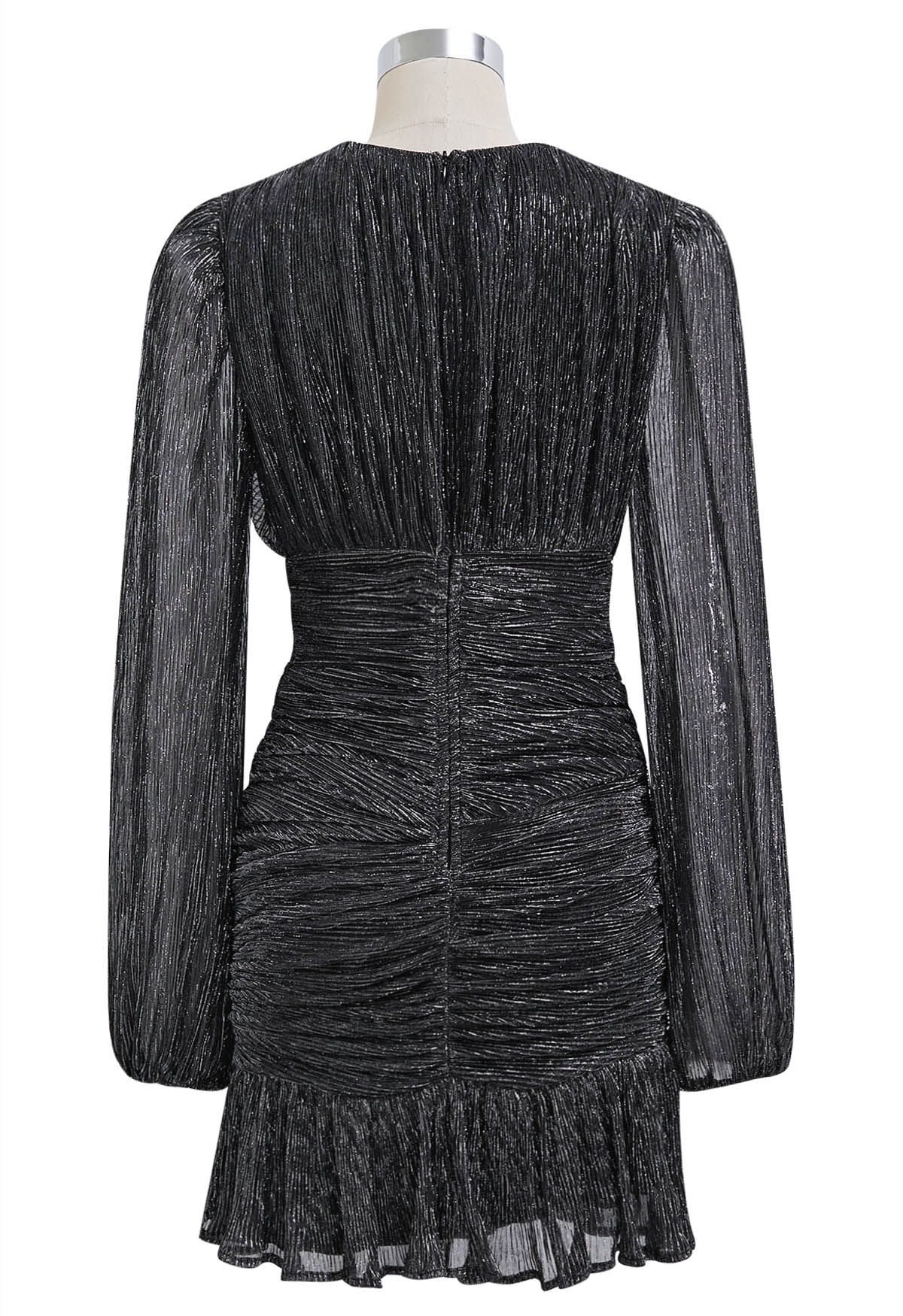 Elegant Sparkle Ruched Mesh Cocktail Dress in Black