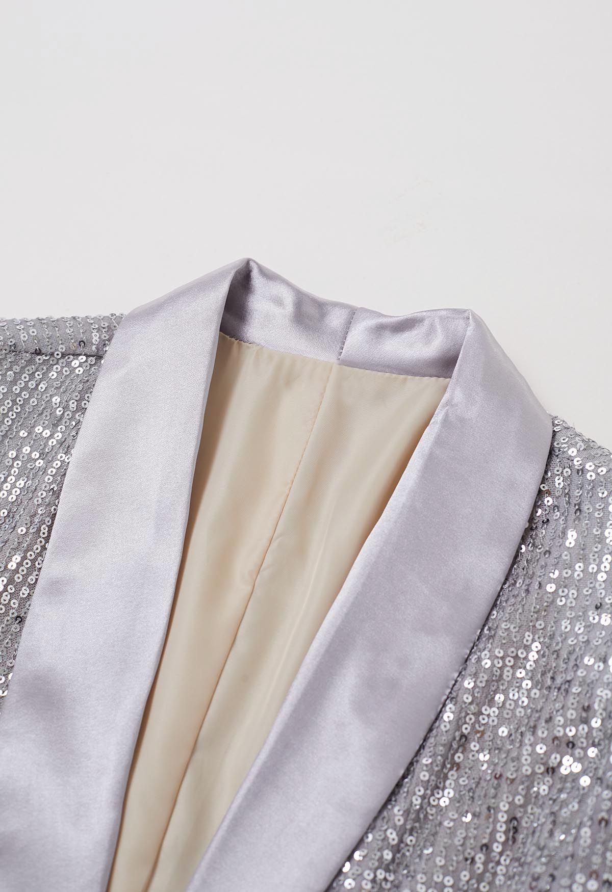 Dazzling Sequin Open Front Shawl Blazer in Silver