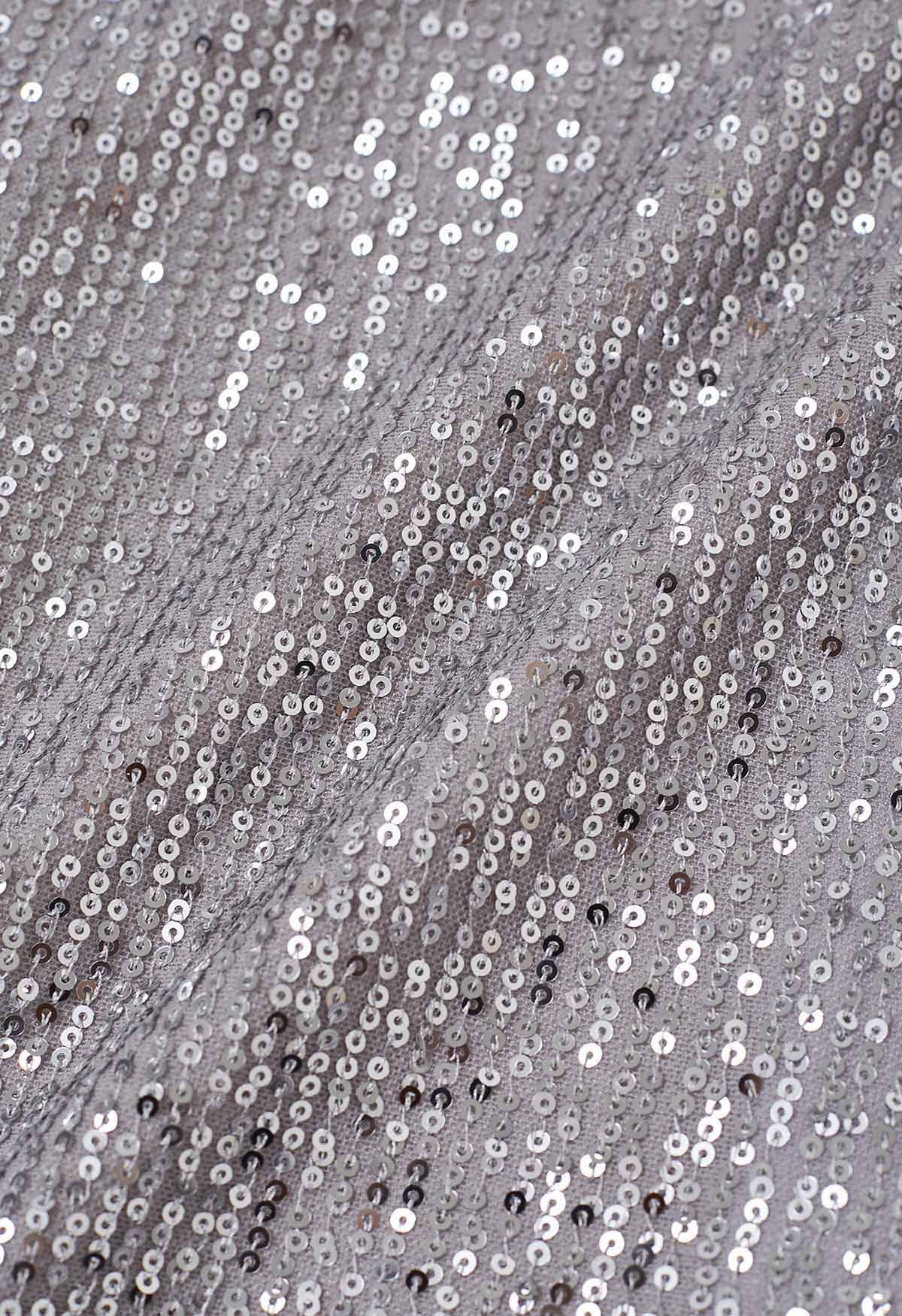 Dazzling Sequin Open Front Shawl Blazer in Silver