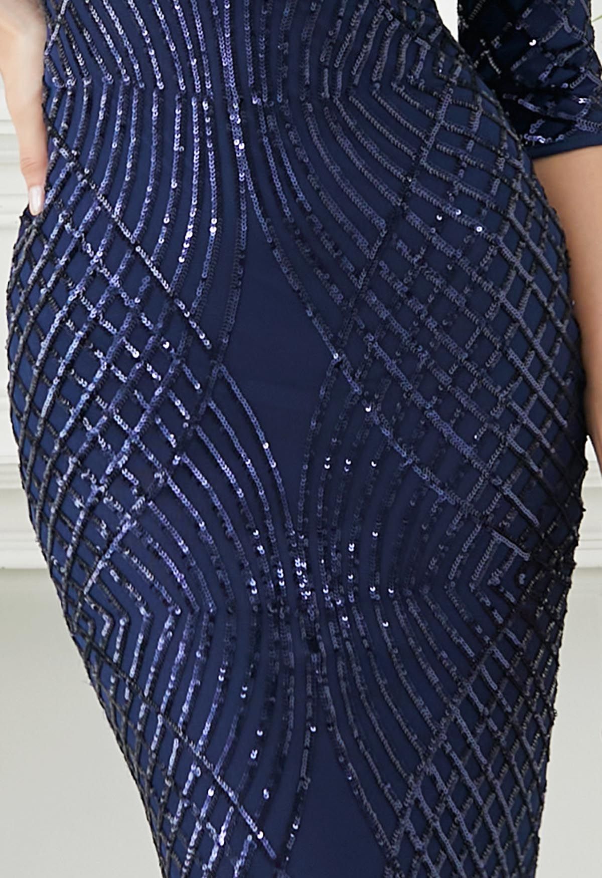 Opulent Geometry Sequin Mermaid Gown in Navy