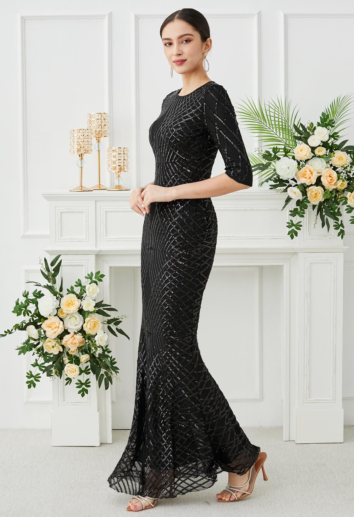 Opulent Geometry Sequin Mermaid Gown in Black