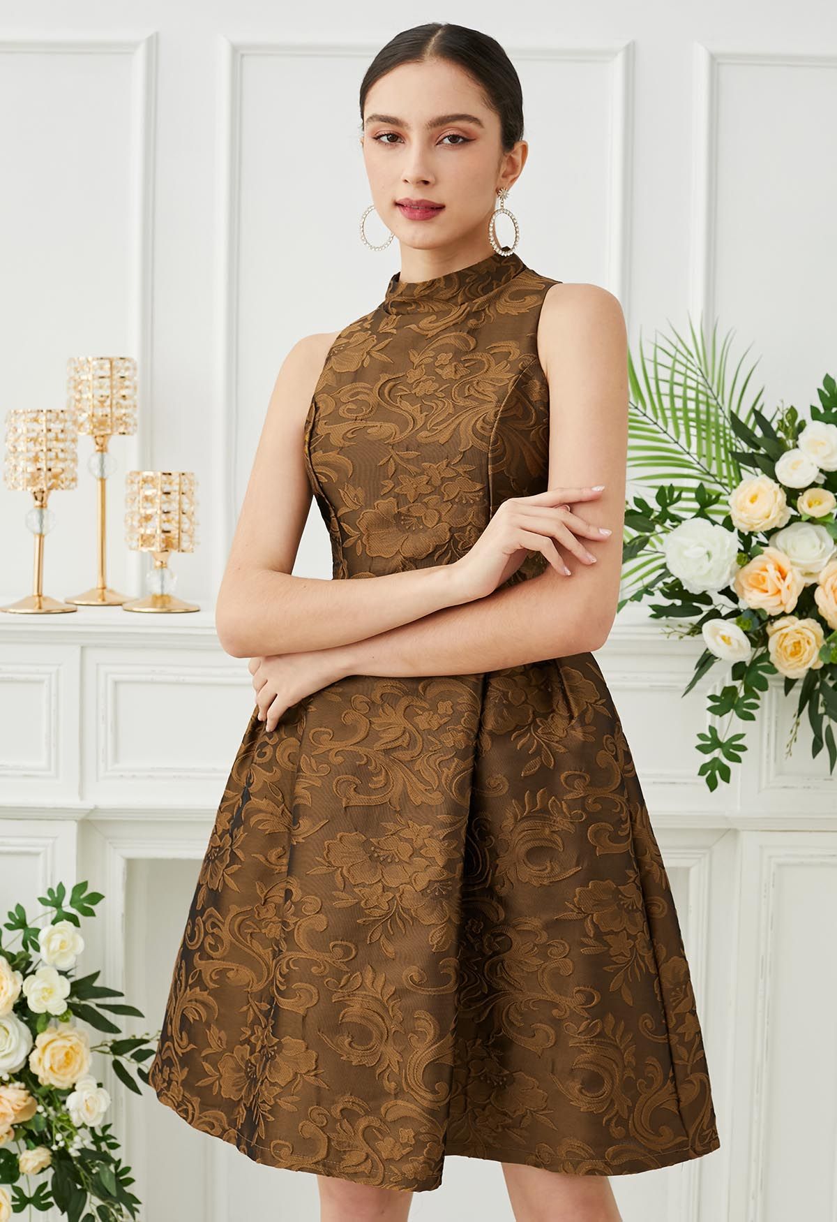 Splendid Floral Jacquard Sleeveless Dress in Bronze