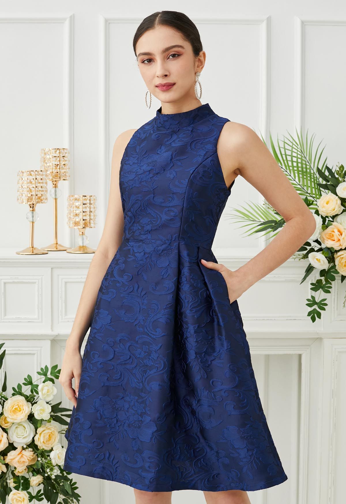 Splendid Floral Jacquard Sleeveless Dress in Royal Blue