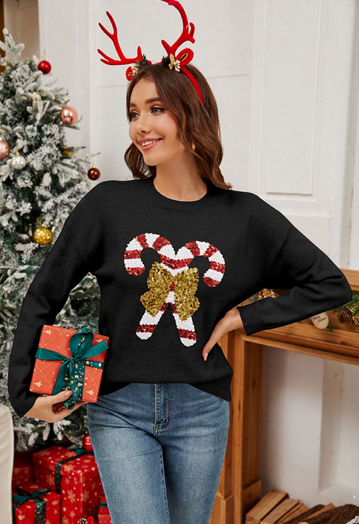 Sequin Bowknot Candy Cane Knit Sweater in Black