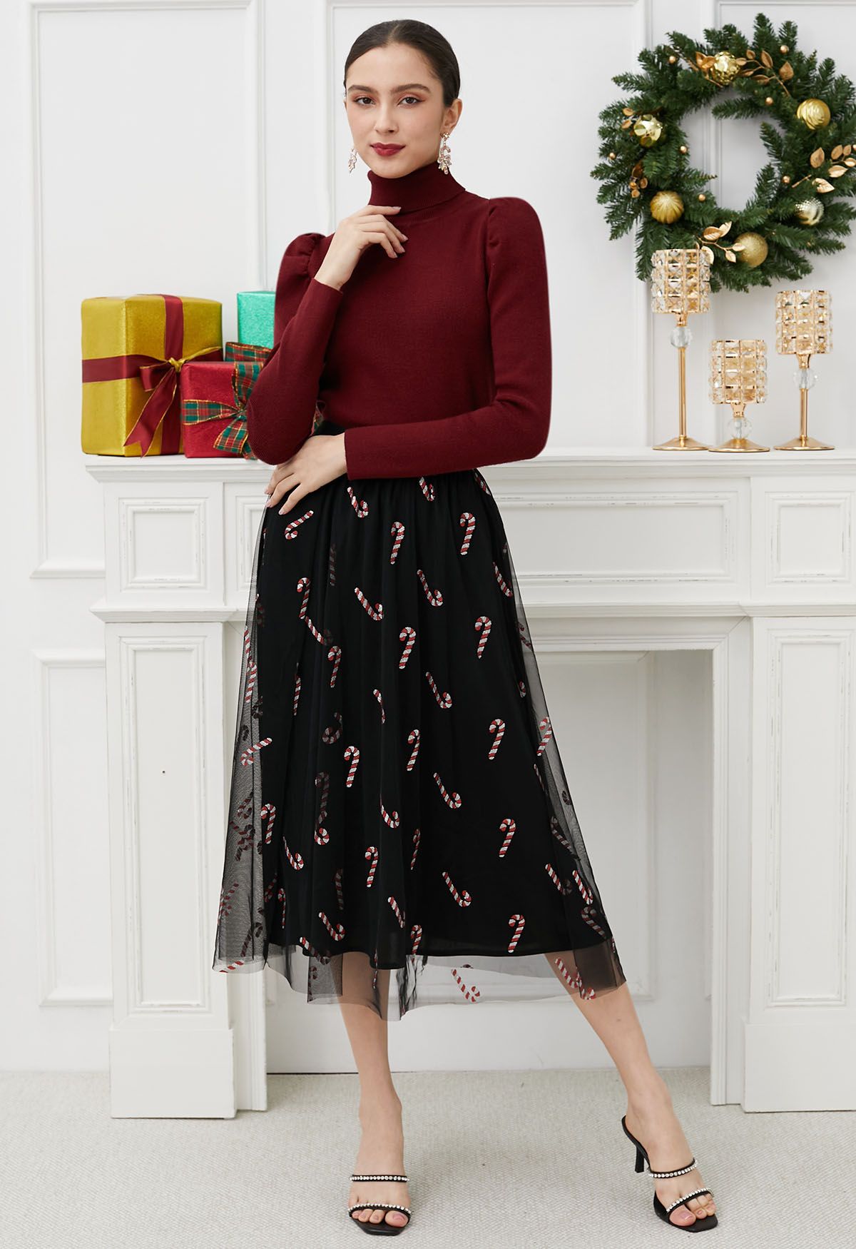 Shimmer Candy Cane Mesh Tulle Midi Skirt in Black