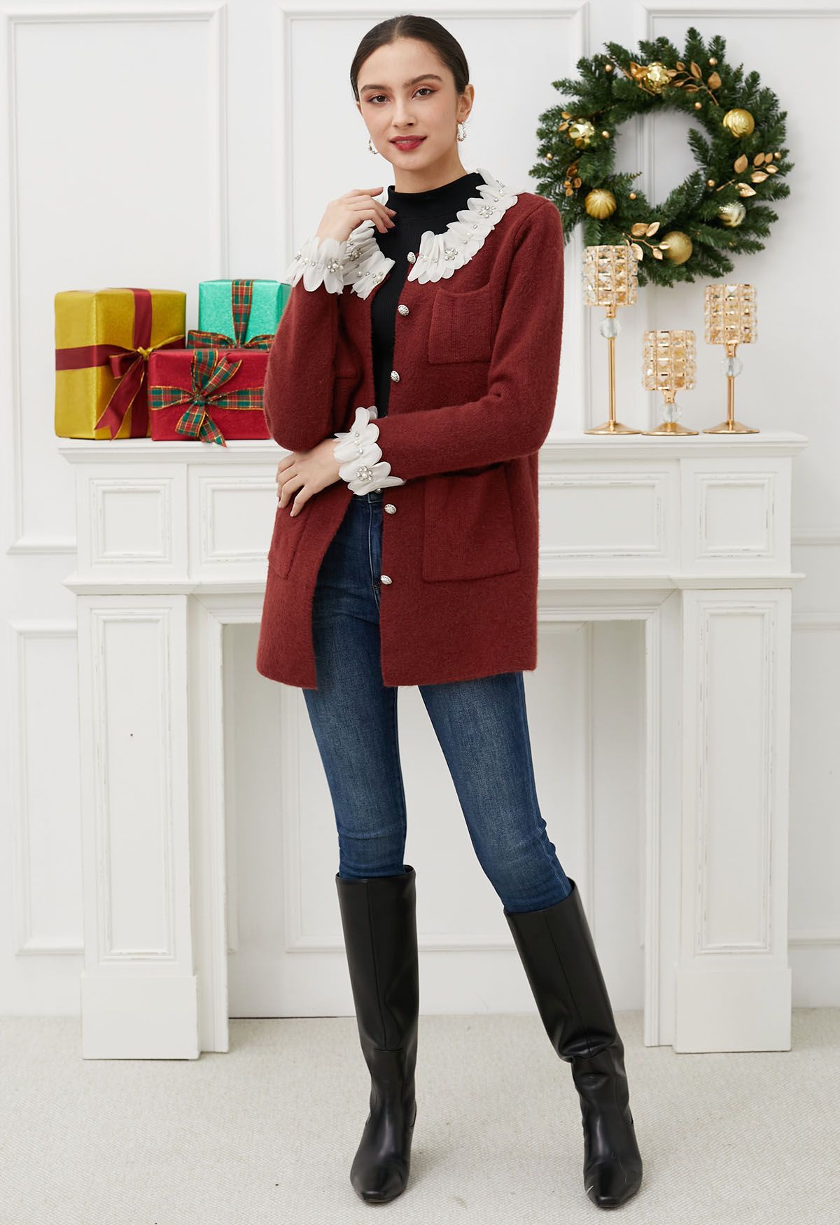 3D Petal Neckline Patch Pocket Knit Cardigan in Burgundy