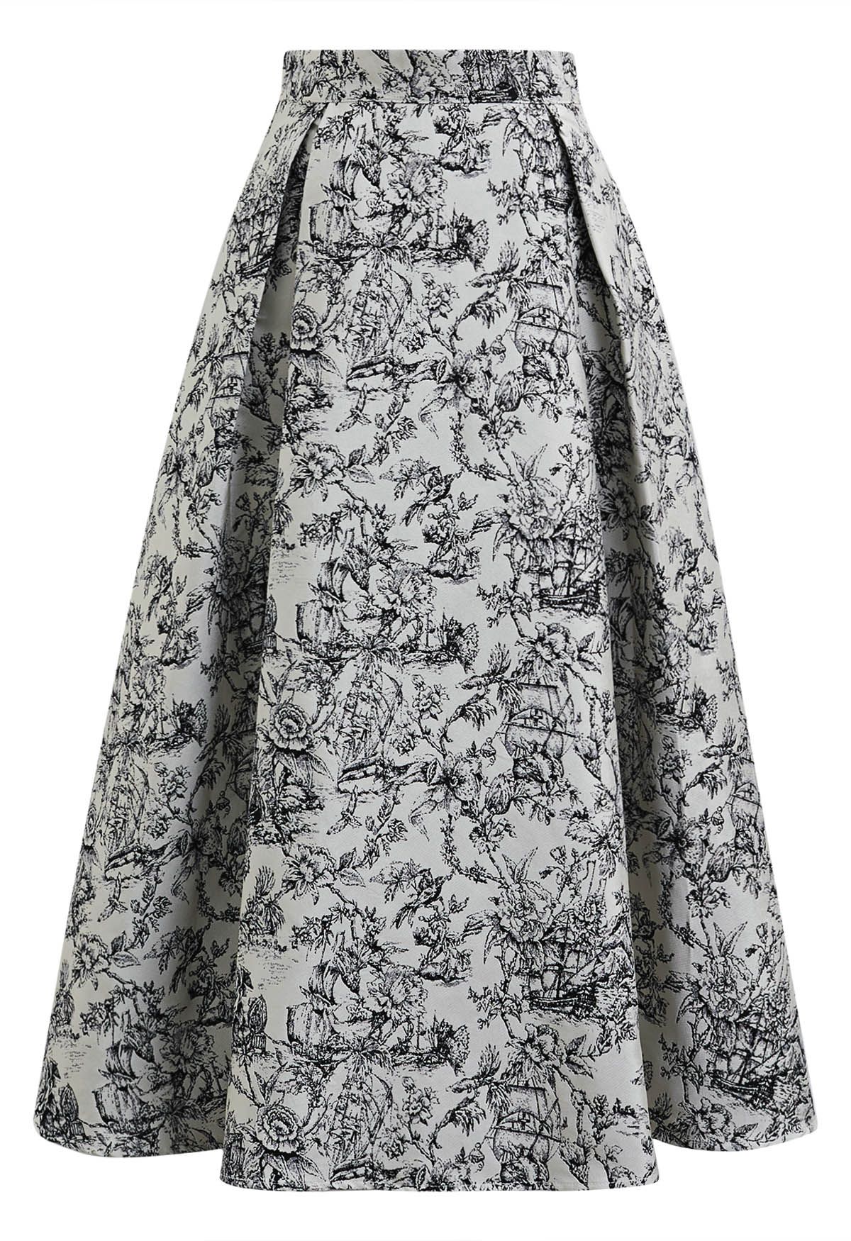 Graceful Inky Floral Jacquard A-Line Midi Skirt