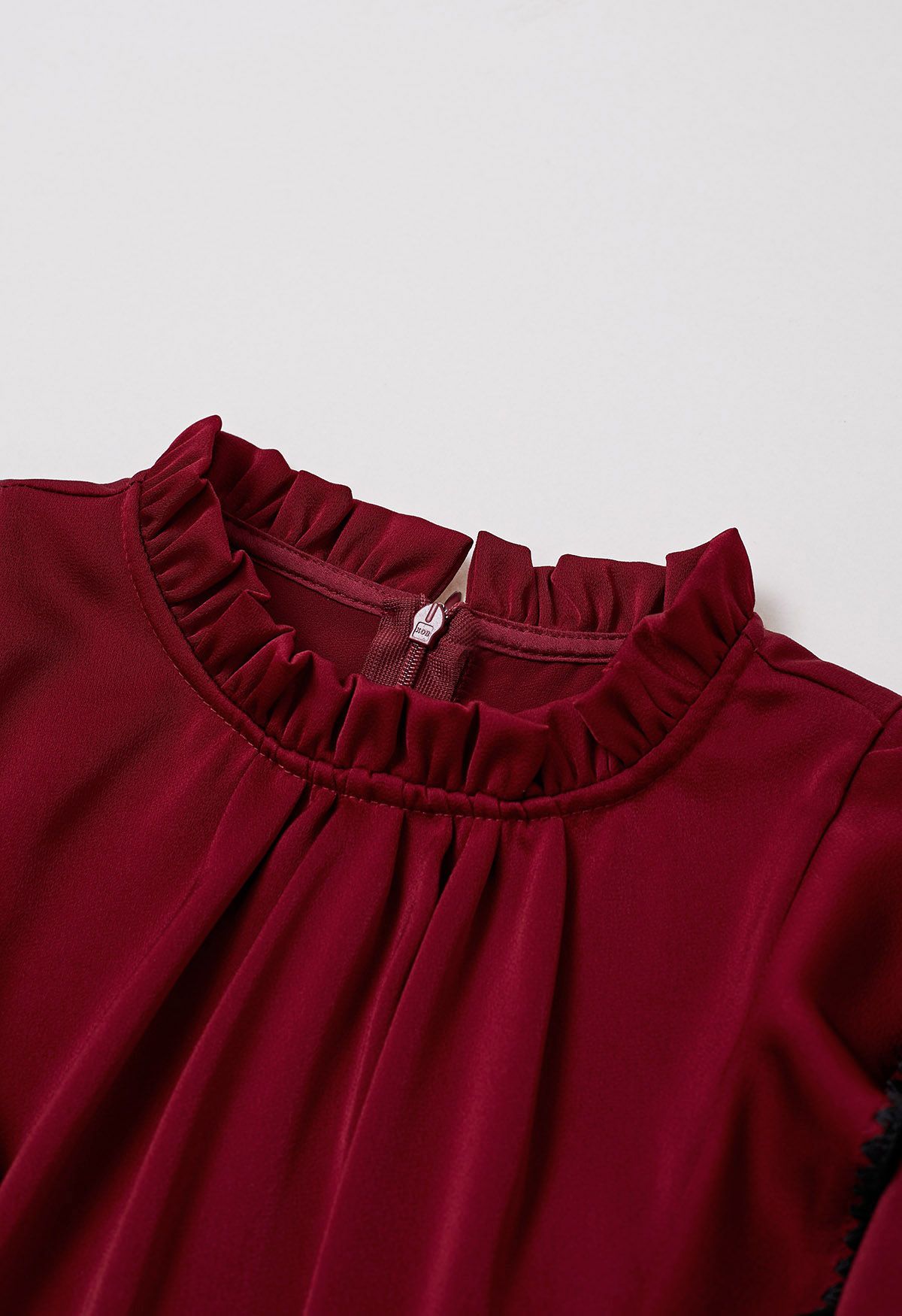 Black Stitch Ruffle Puff Sleeve Shirt in Red