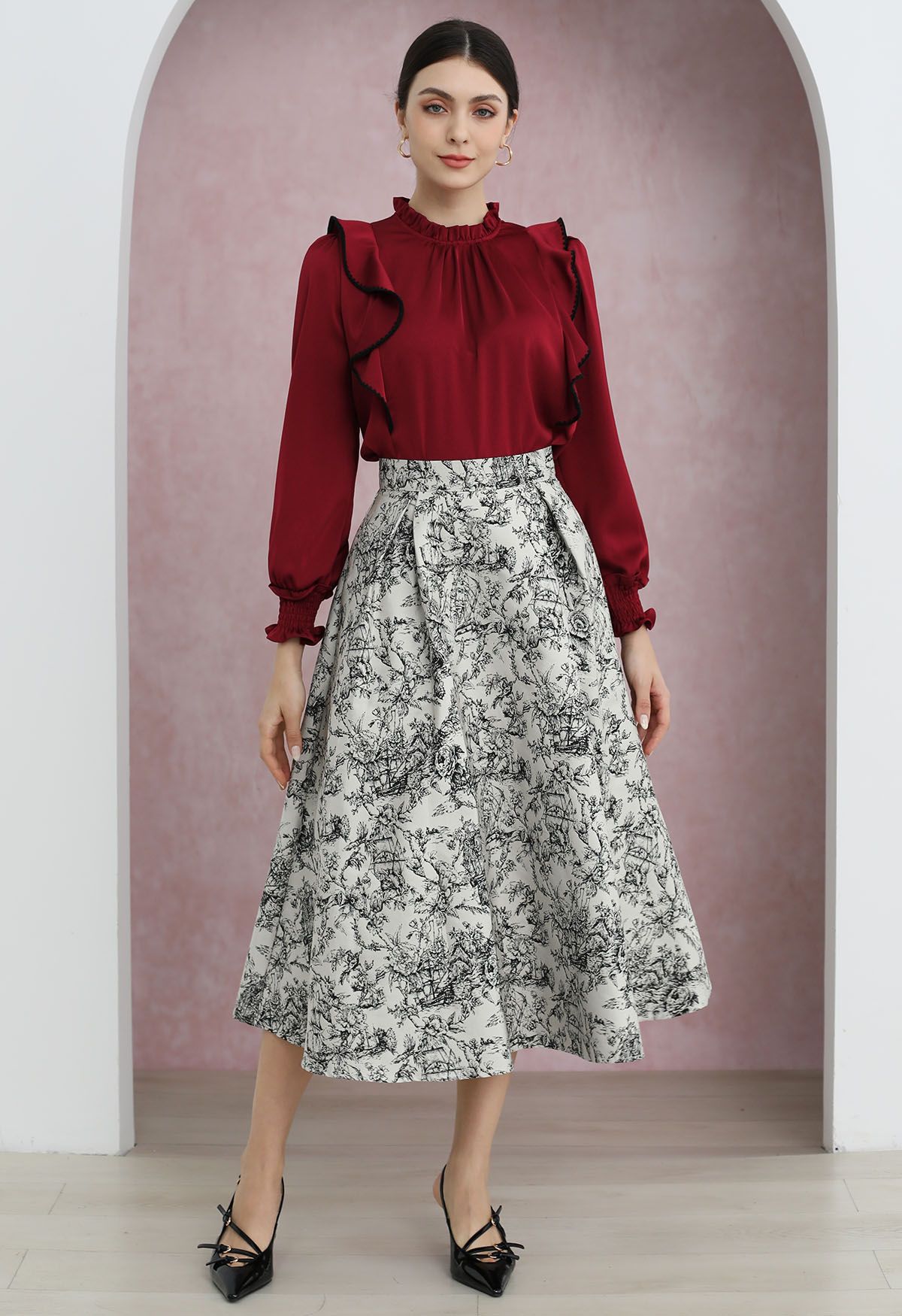 Graceful Inky Floral Jacquard A-Line Midi Skirt