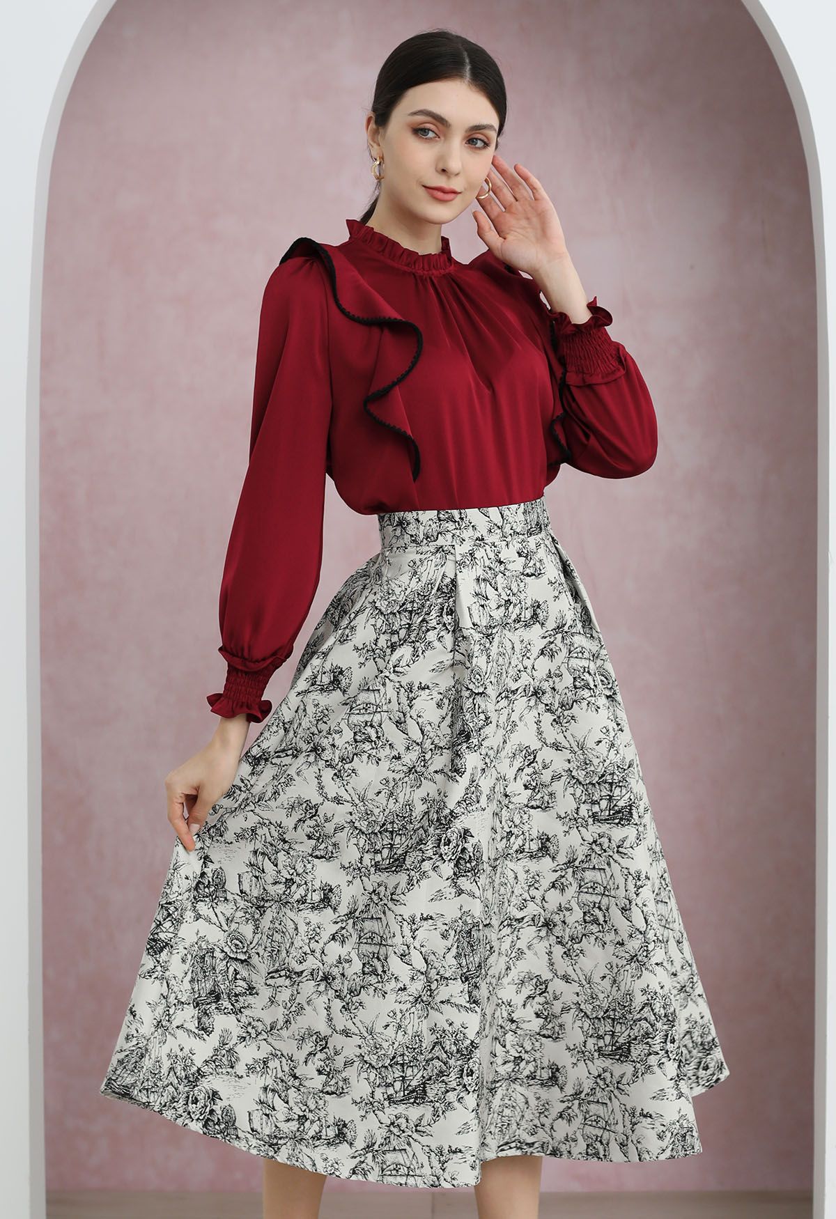 Graceful Inky Floral Jacquard A-Line Midi Skirt