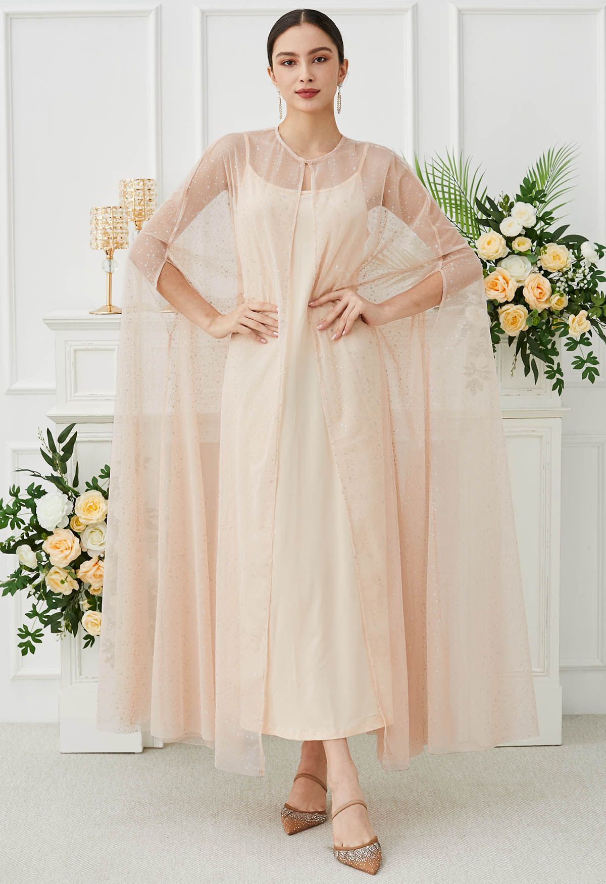 Glittery Mesh Maxi Cape Dress in Apricot