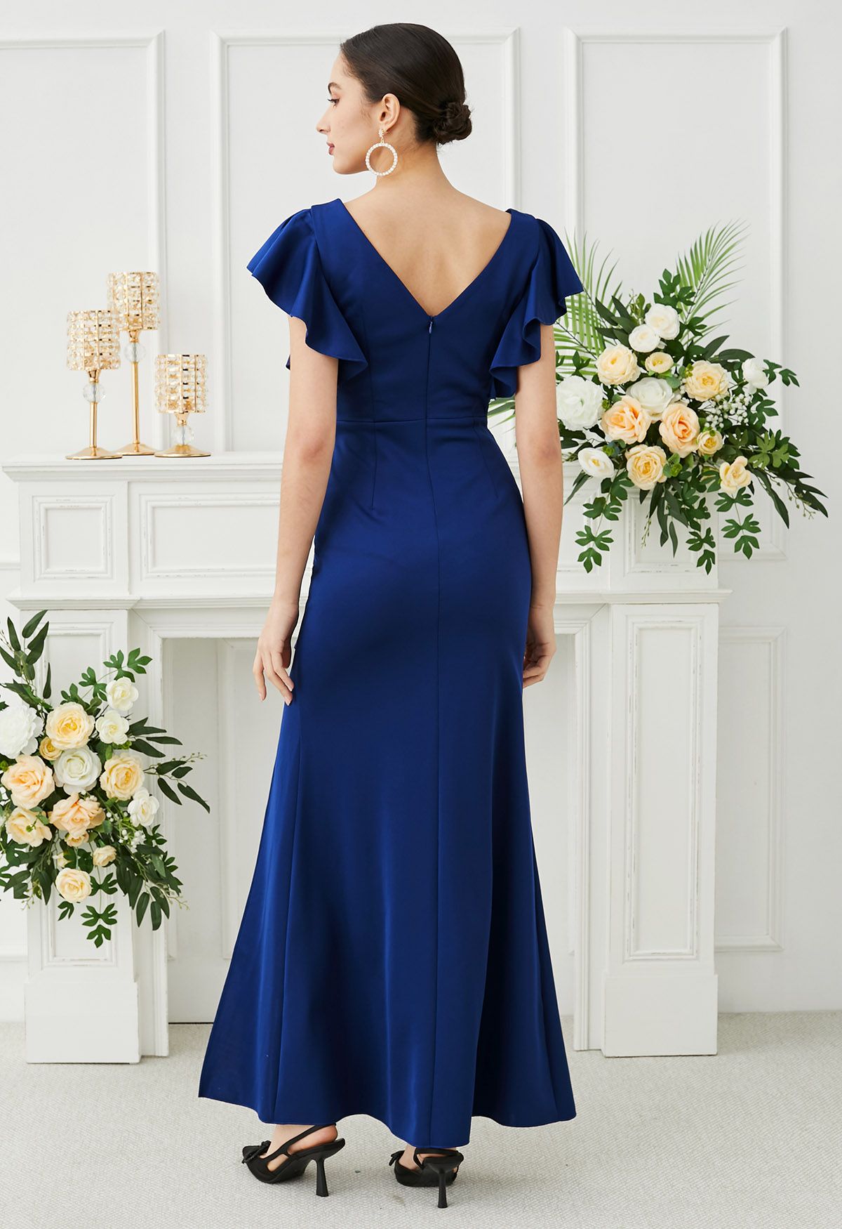 Cascade Ruffle Split Front Sleek Gown in Navy