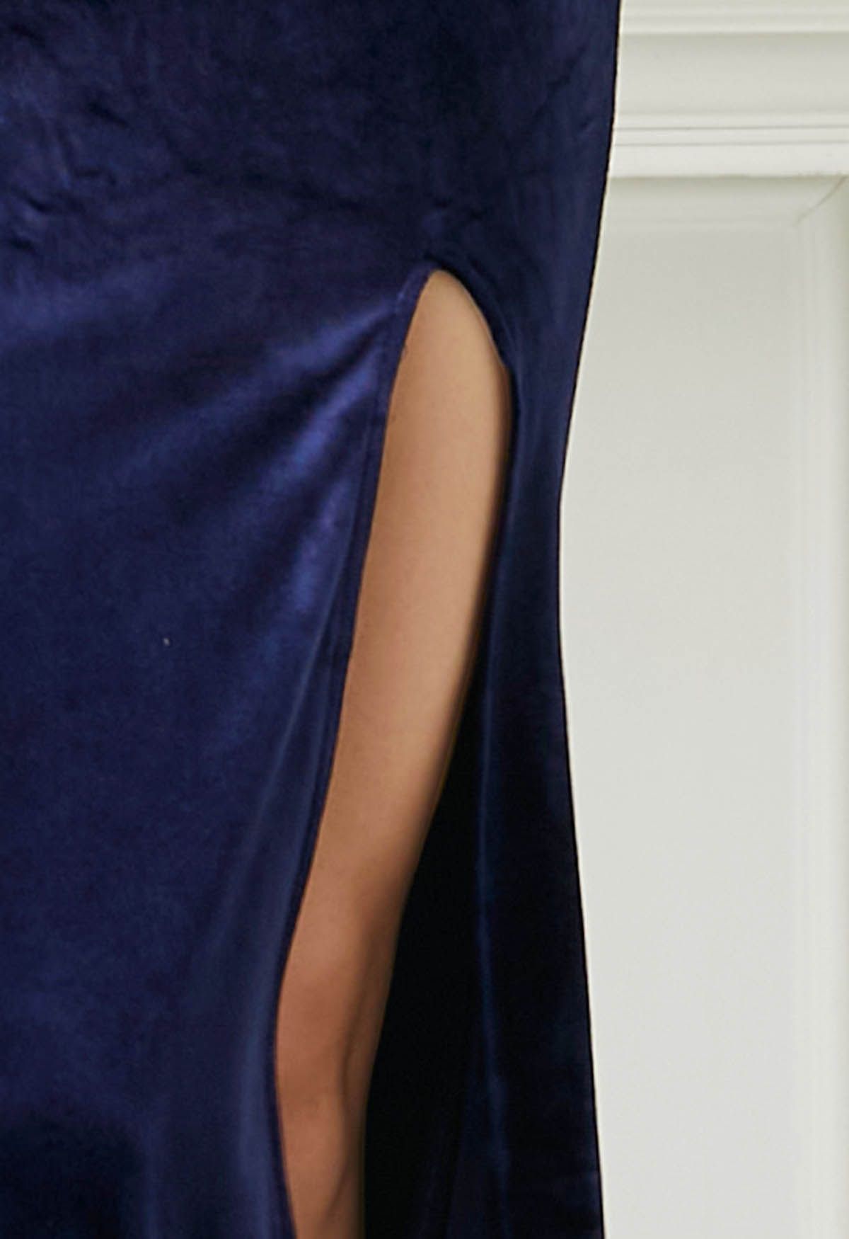 Off-Shoulder Feather Sequin High Slit Gown in Navy