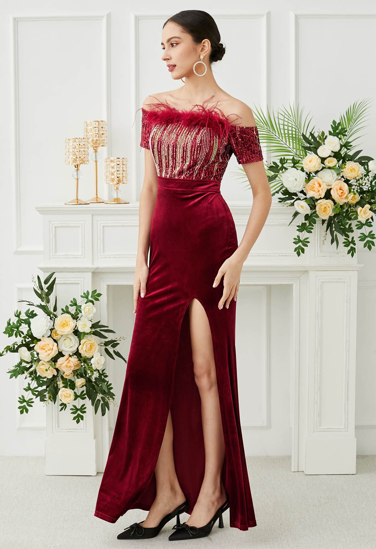 Off-Shoulder Feather Sequin High Slit Gown in Red - Retro, Indie and ...