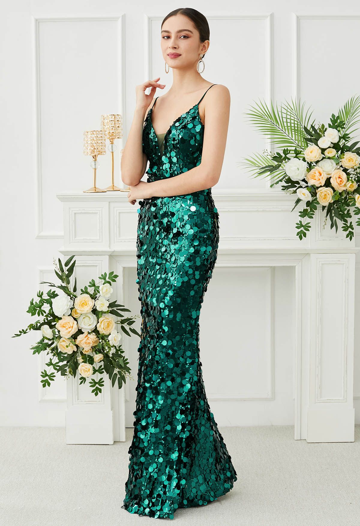 Deep V-Neck Sequin Mermaid Cami Gown in Emerald