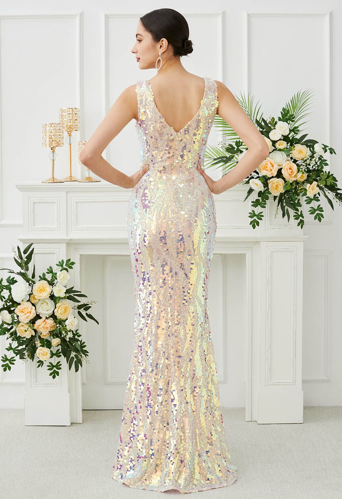 Iridescent Sequin V-Neck Mermaid Sleeveless Gown in Cream