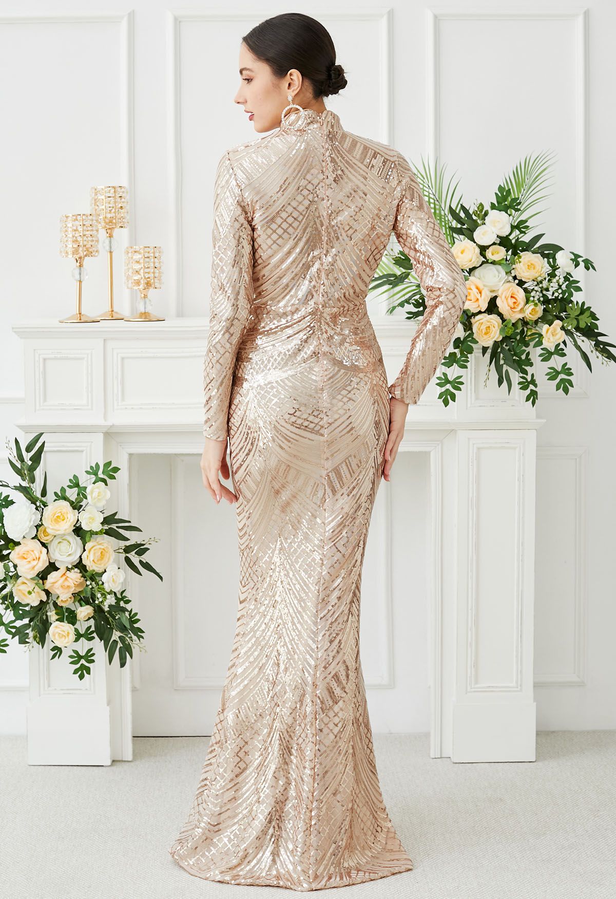 Geometric Sequin Mock Neck Mermaid Gown in Apricot