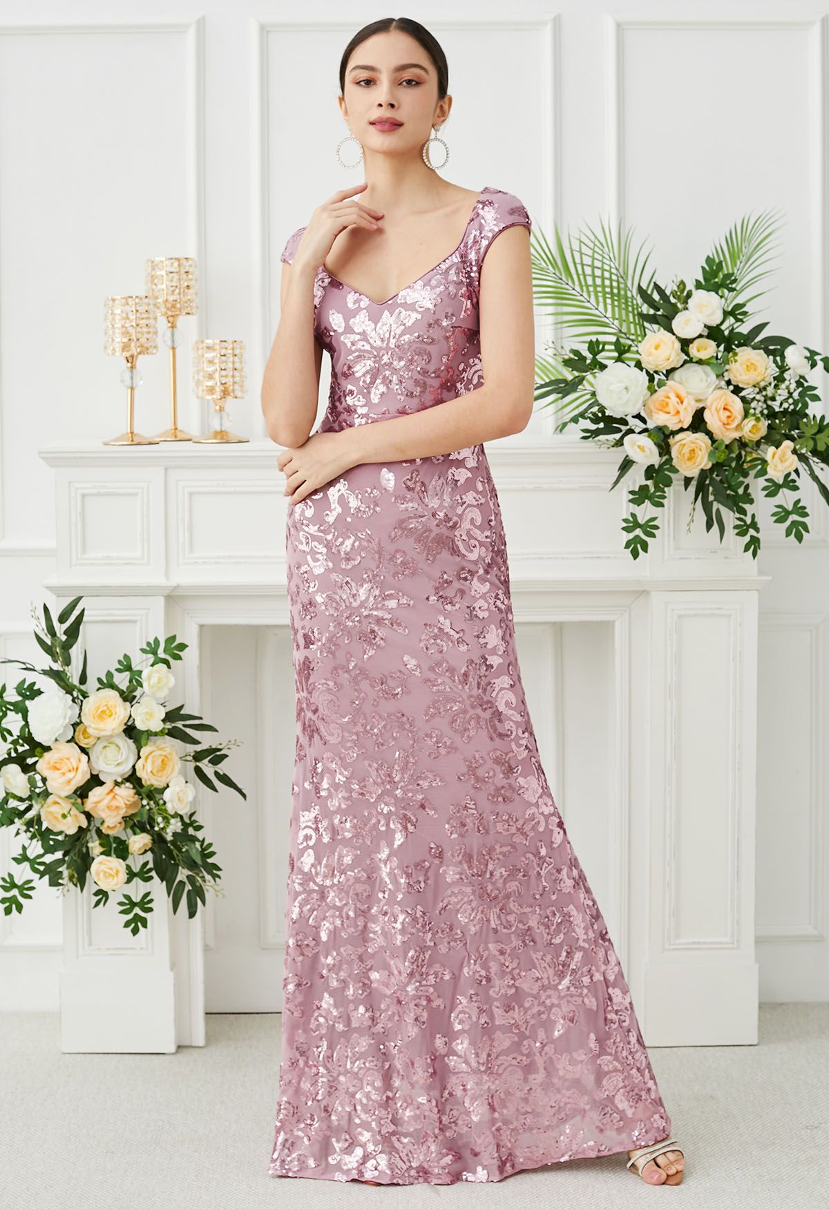 Floral Sequin Sweetheart Neck Mermaid Gown in Lilac