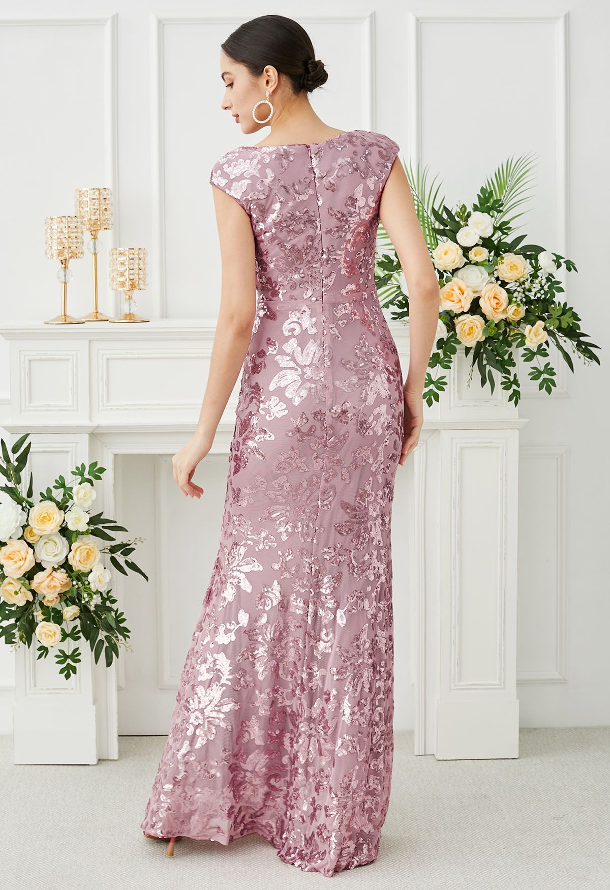 Floral Sequin Sweetheart Neck Mermaid Gown in Lilac