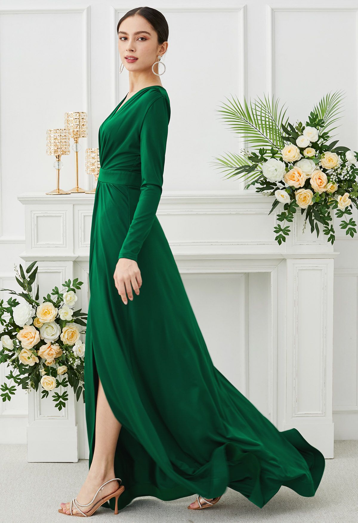 Deep V-Neck Front Split Maxi Gown in Green