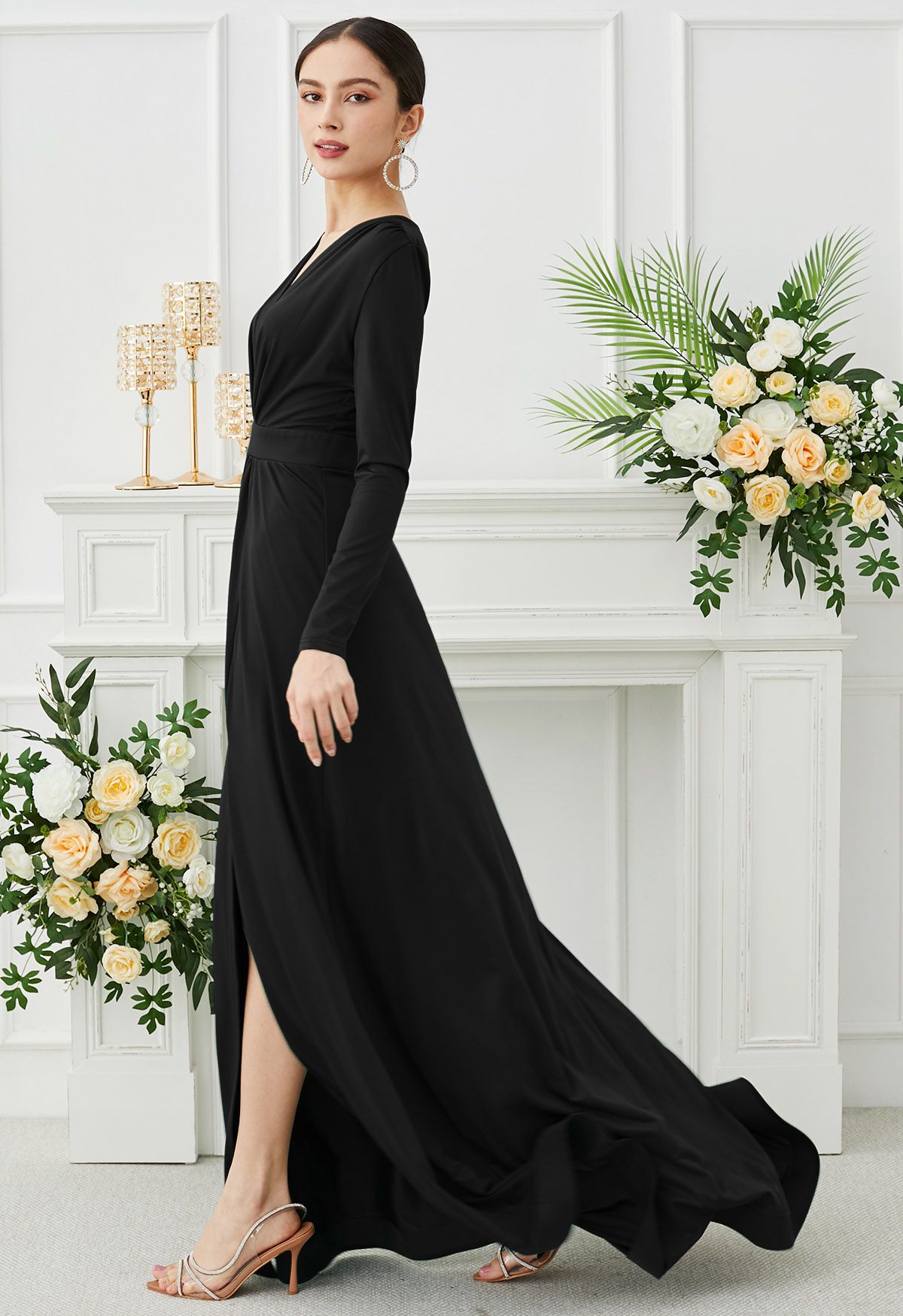 Deep V-Neck Front Split Maxi Gown in Black