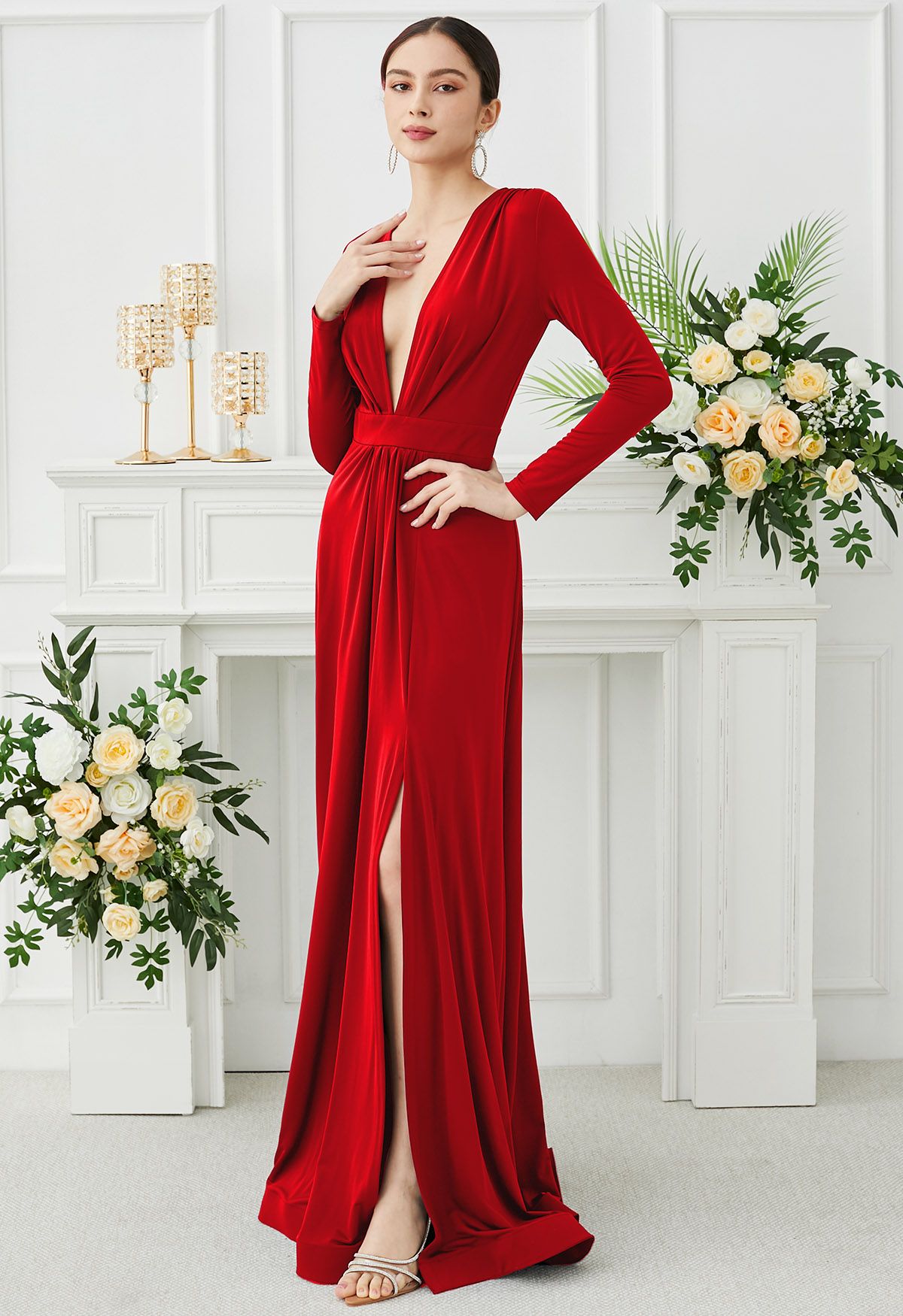 Deep V-Neck Front Split Maxi Gown in Red