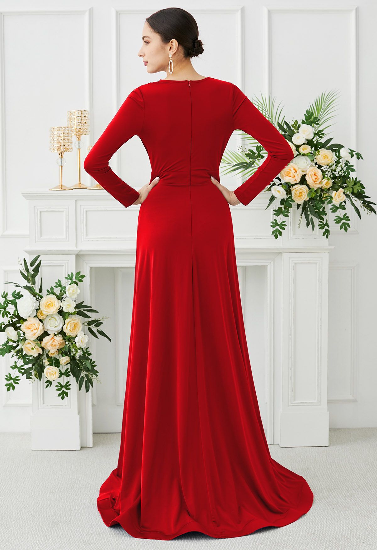 Deep V-Neck Front Split Maxi Gown in Red