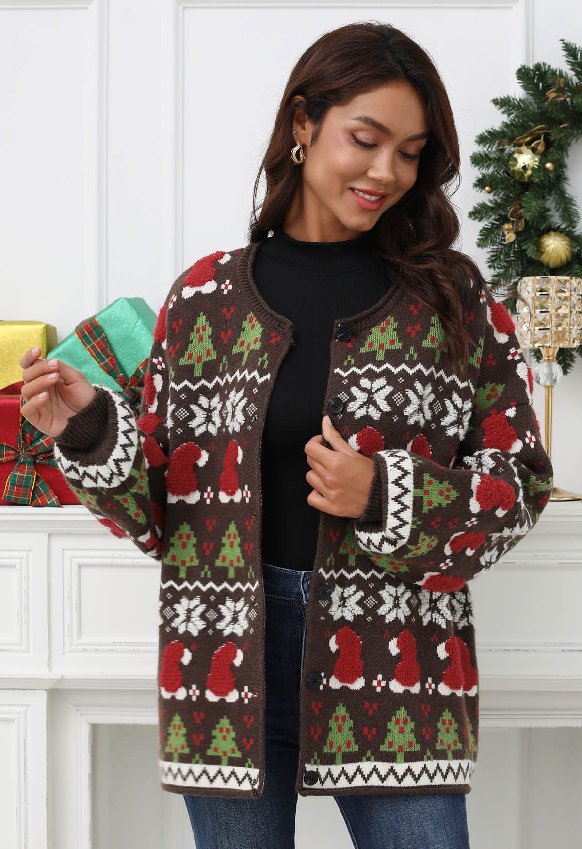 Adorable Christmas Oversized Knit Cardigan in Brown