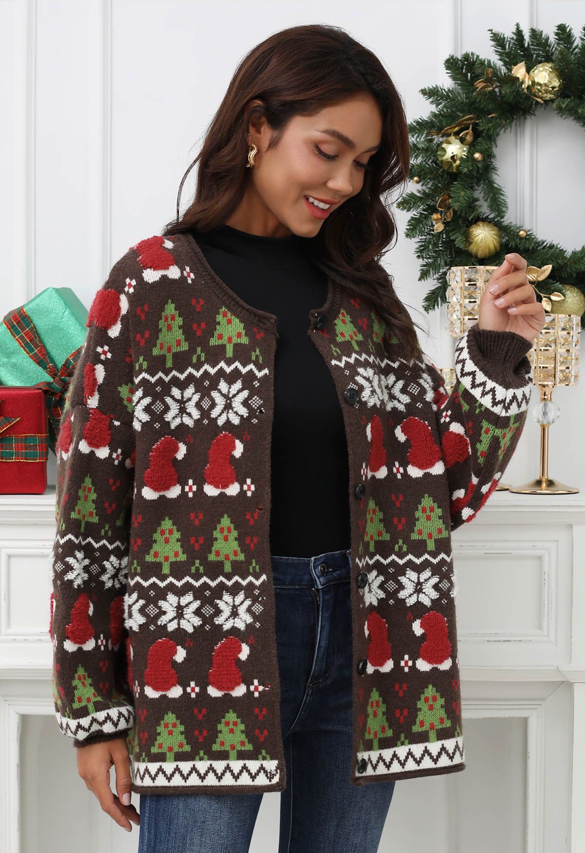 Adorable Christmas Oversized Knit Cardigan in Brown