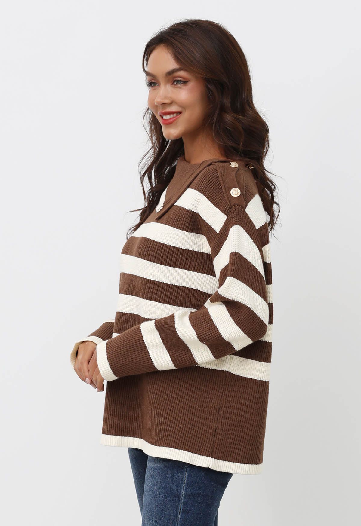 Buttoned Neck Striped Oversize Sweater in Brown