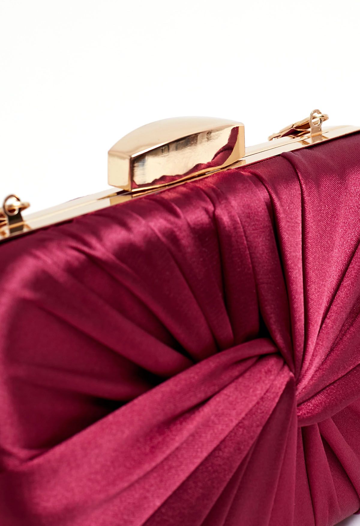 Ruched Knotted Satin Clutch in Burgundy