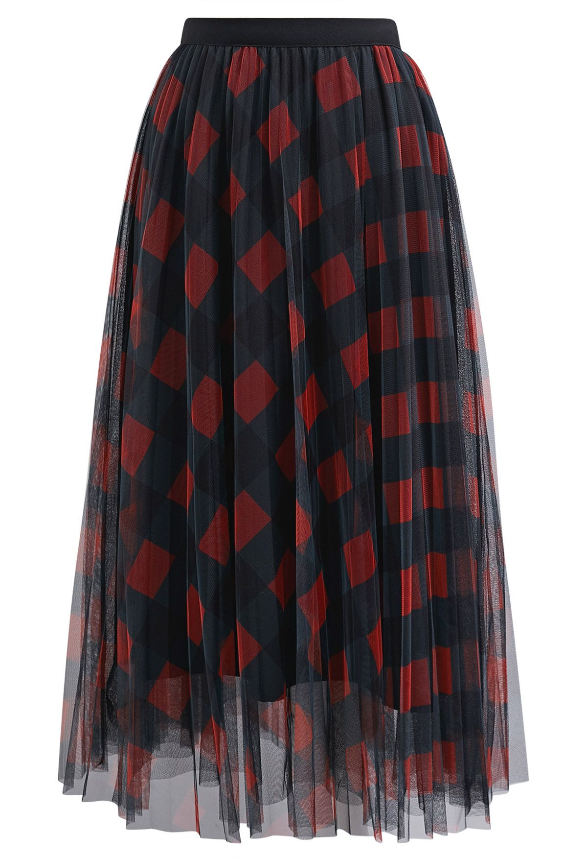 Bold Checks Double-Layered Mesh Midi Skirt in Red