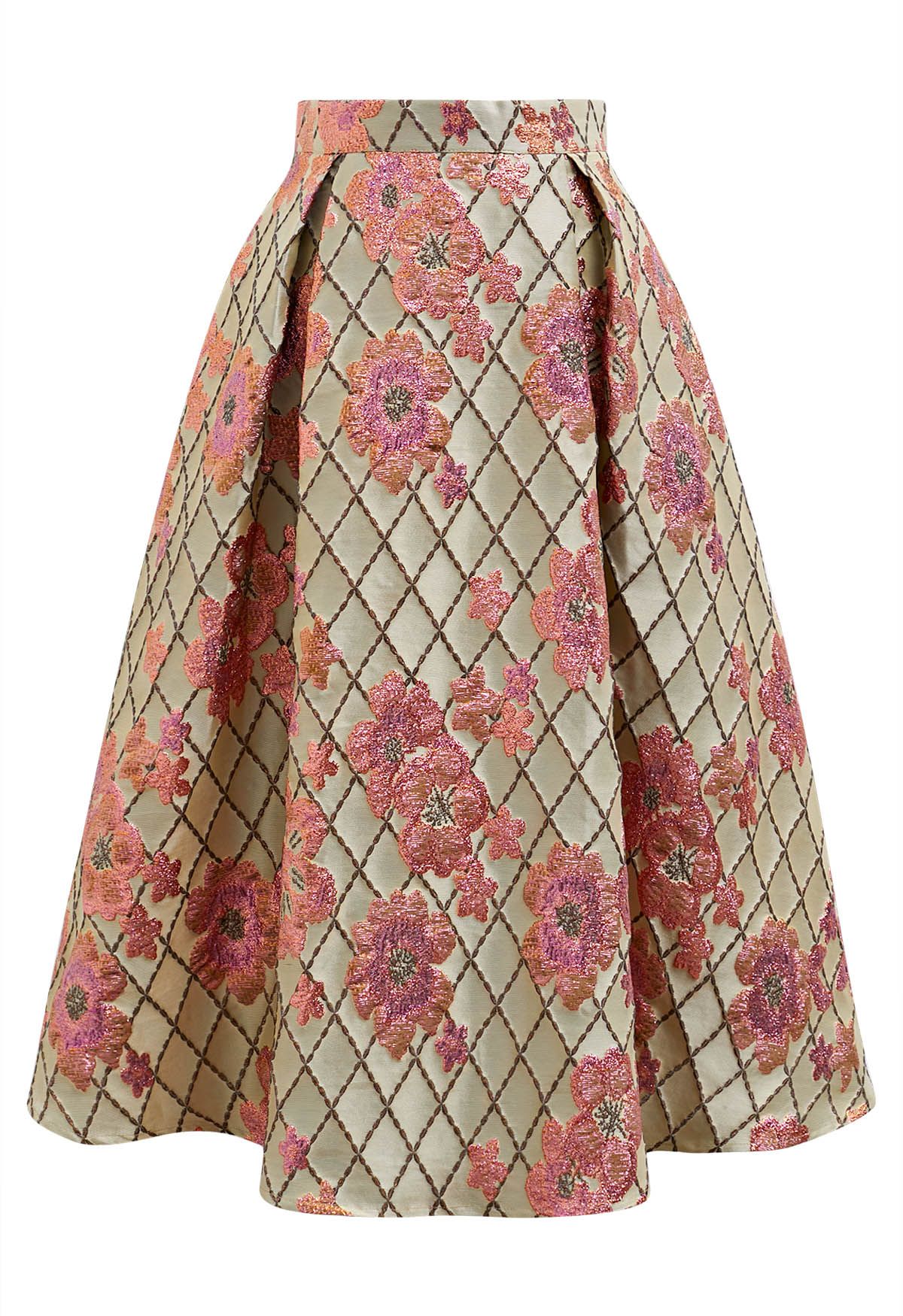 Falling Floral Grid Jacquard Midi Skirt in Gold