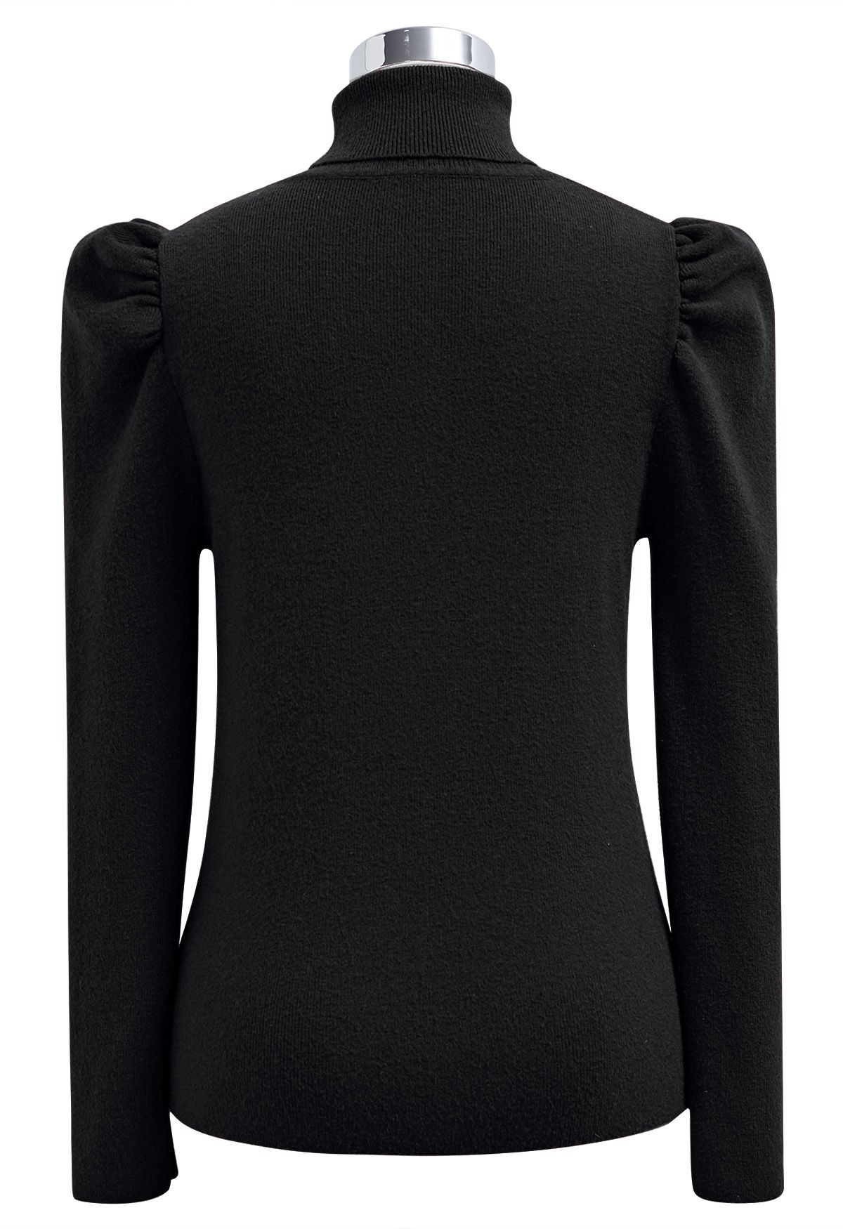 Turtleneck Gigot Sleeve Knit Top in Black