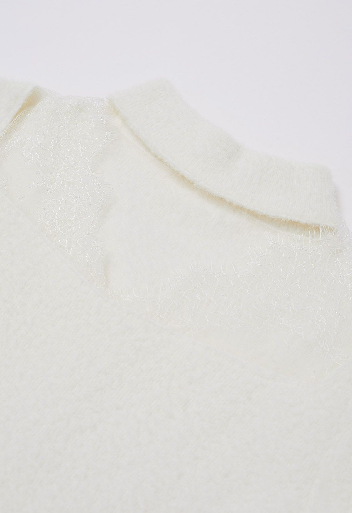 Choker Neck Lace Panel Fuzzy Knit Top in White