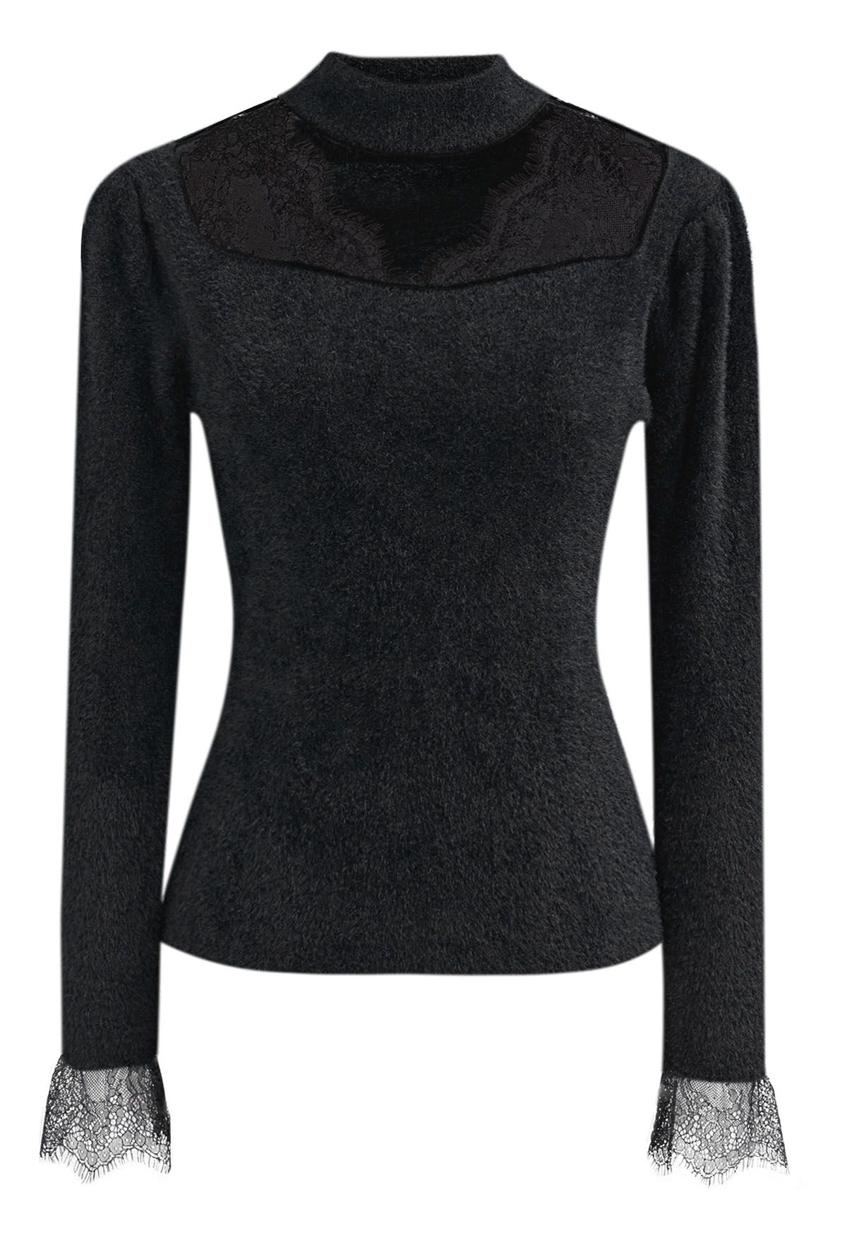 Choker Neck Lace Panel Fuzzy Knit Top in Black