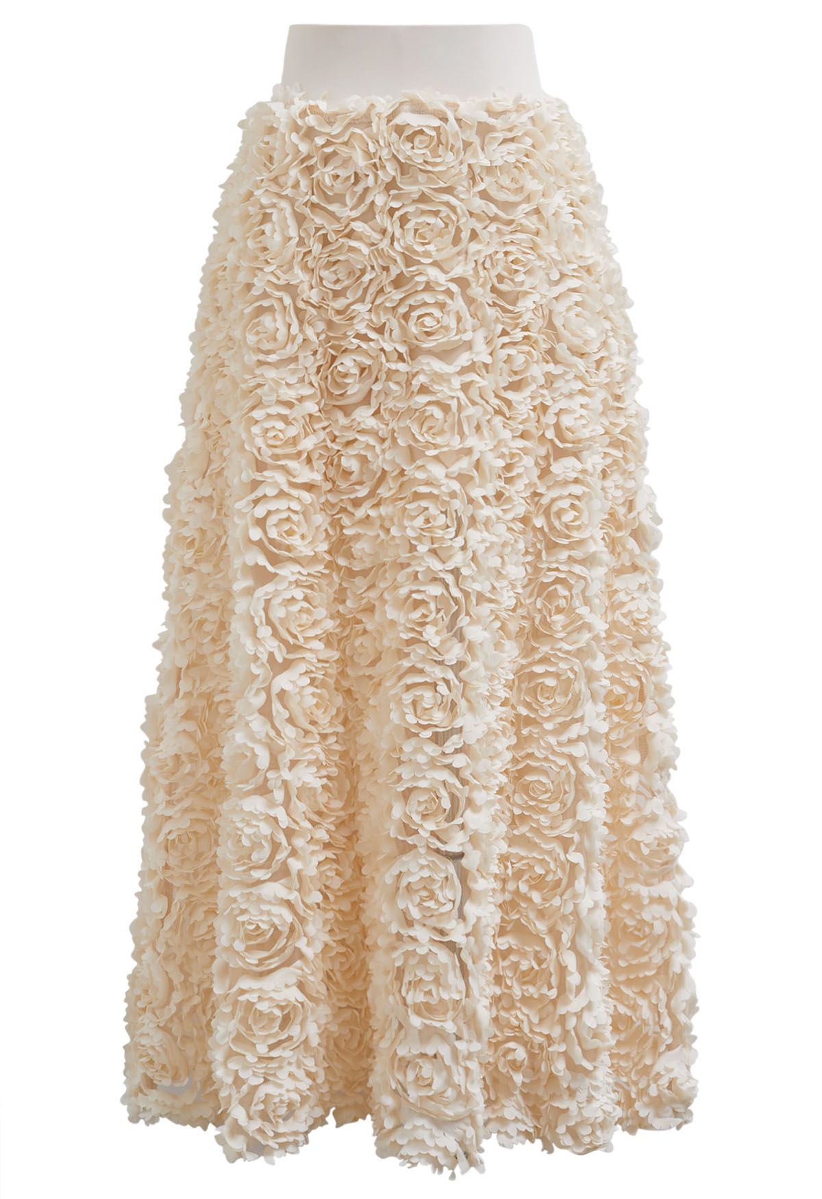 Rose Petal Embellished Mesh Maxi Skirt in Apricot