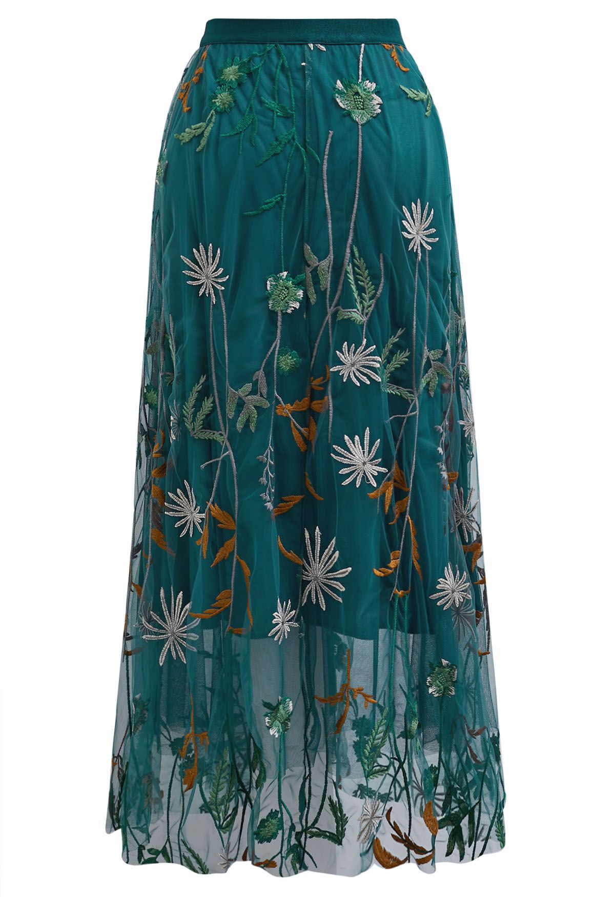 Whimsical Flowers Embroidered Mesh Tulle Midi Skirt in Teal