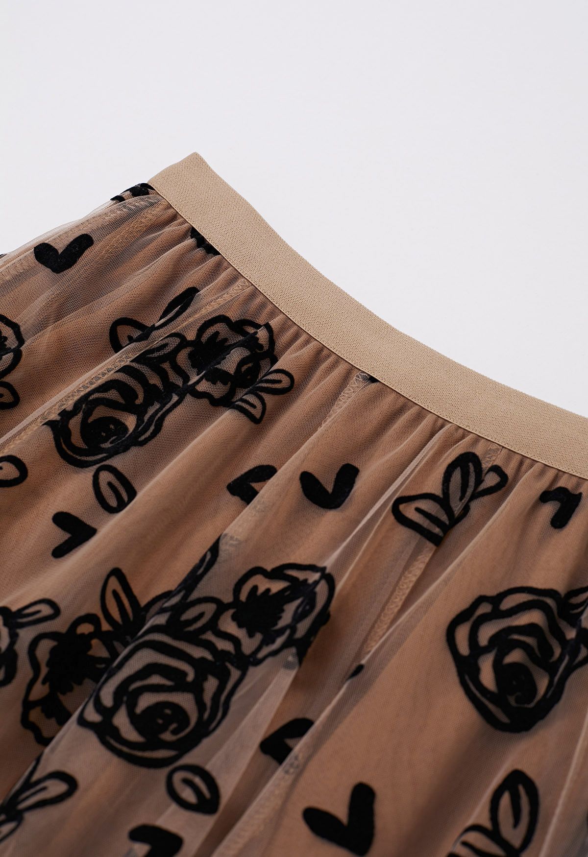 3D Rose and Heart Mesh Midi Skirt in Caramel