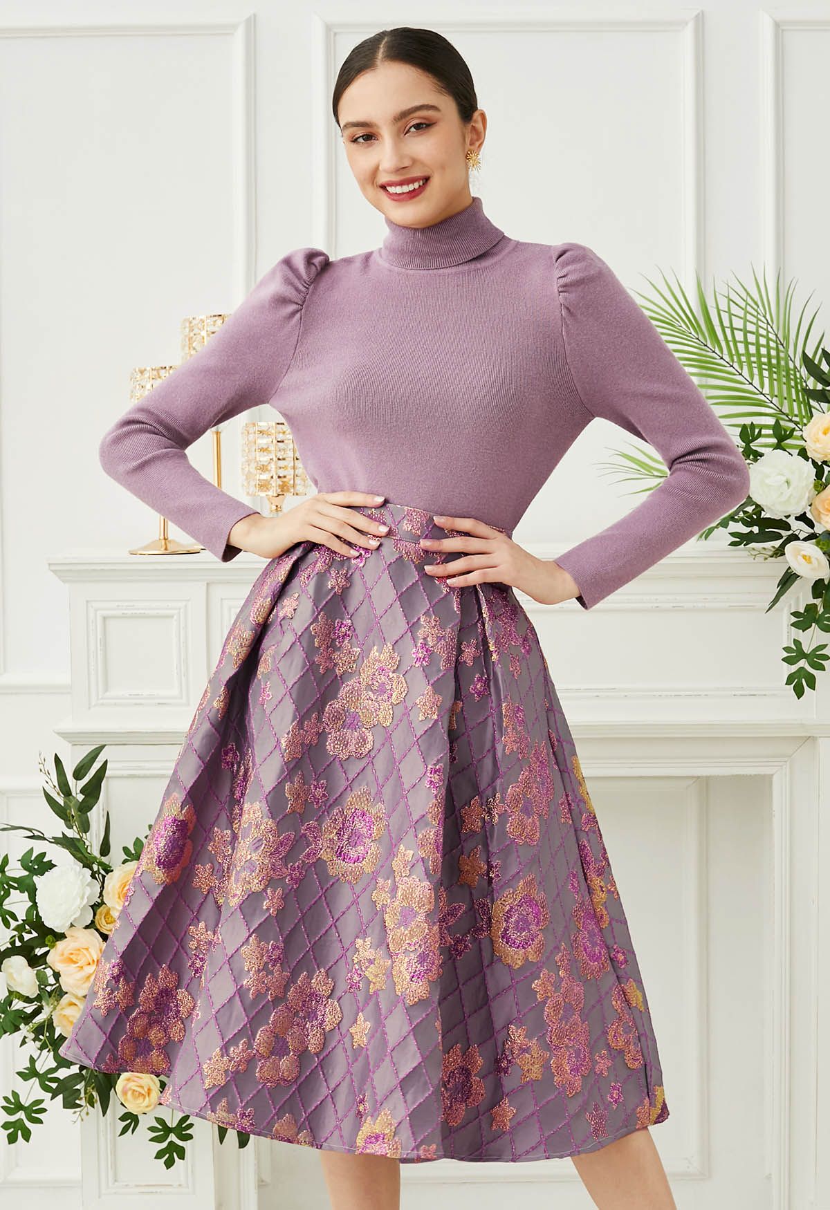 Falling Floral Grid Jacquard Midi Skirt in Lilac